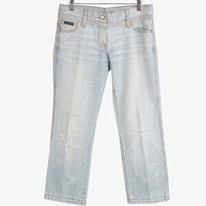 Dolce & Gabbana Light-Wash Distressed Rhinestone Cropped Jeans